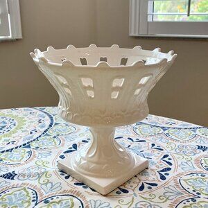 Vintage White Porcelain Pedestal Fruit Basket Bowl/Center Piece/Plant Holder
